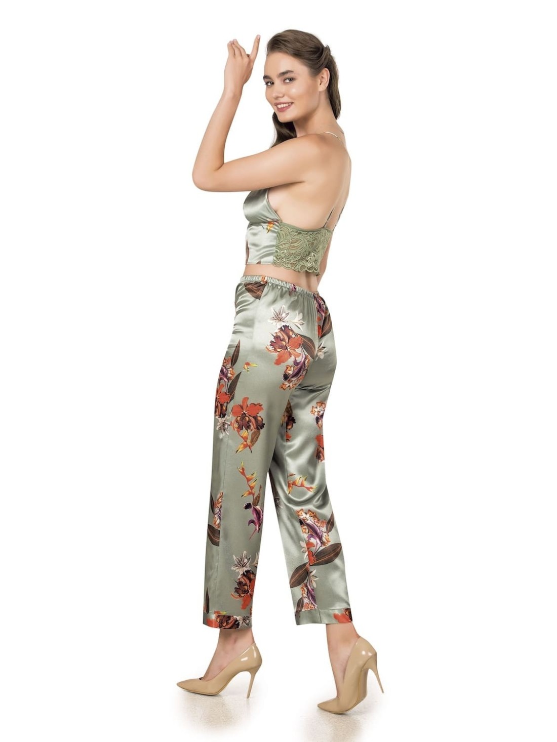 Eleganter dreiteiliger Damenpyjama, Oberteil, Hose, Bademantel, Oliv PIZ334 - Online-Shop - Boutique